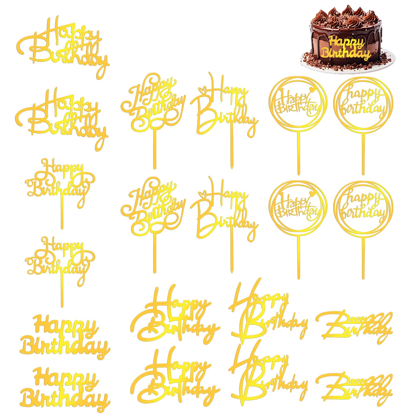 20 Pcs Happy Birthday Cake Toppers, Glitter Side Mirror Acrylic Cake Topper for Decorations Glittering Cupcake for Birthday Event Party Supplies