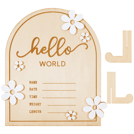 Wooden Hello World Newborn Sign Daisy Wooden Newborn Birth Announcement Board 7.08x6.3 Inch Baby Announcement Sign for Baby Showers Baby Milestone Card Welcome Baby Shower Gifts
