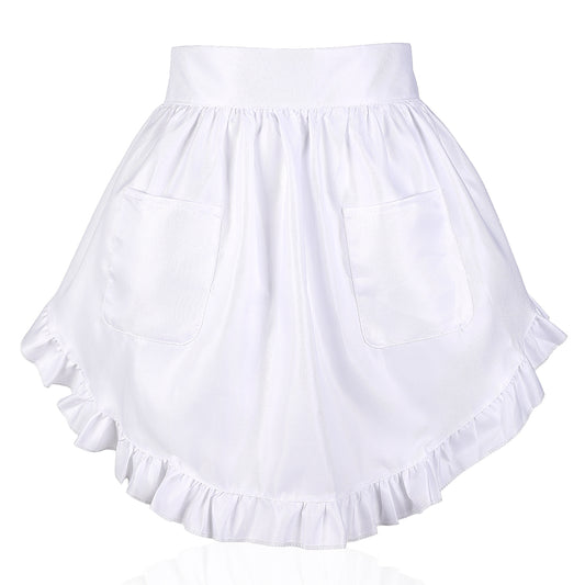 Tucnoeu White Waist Apron with 2 Pockets,Adjustable Half Waitress Apron Adult Frilly Maid Aprons Party Cooking Kitchen Coffee Shop(23.6 x 15.7inch)