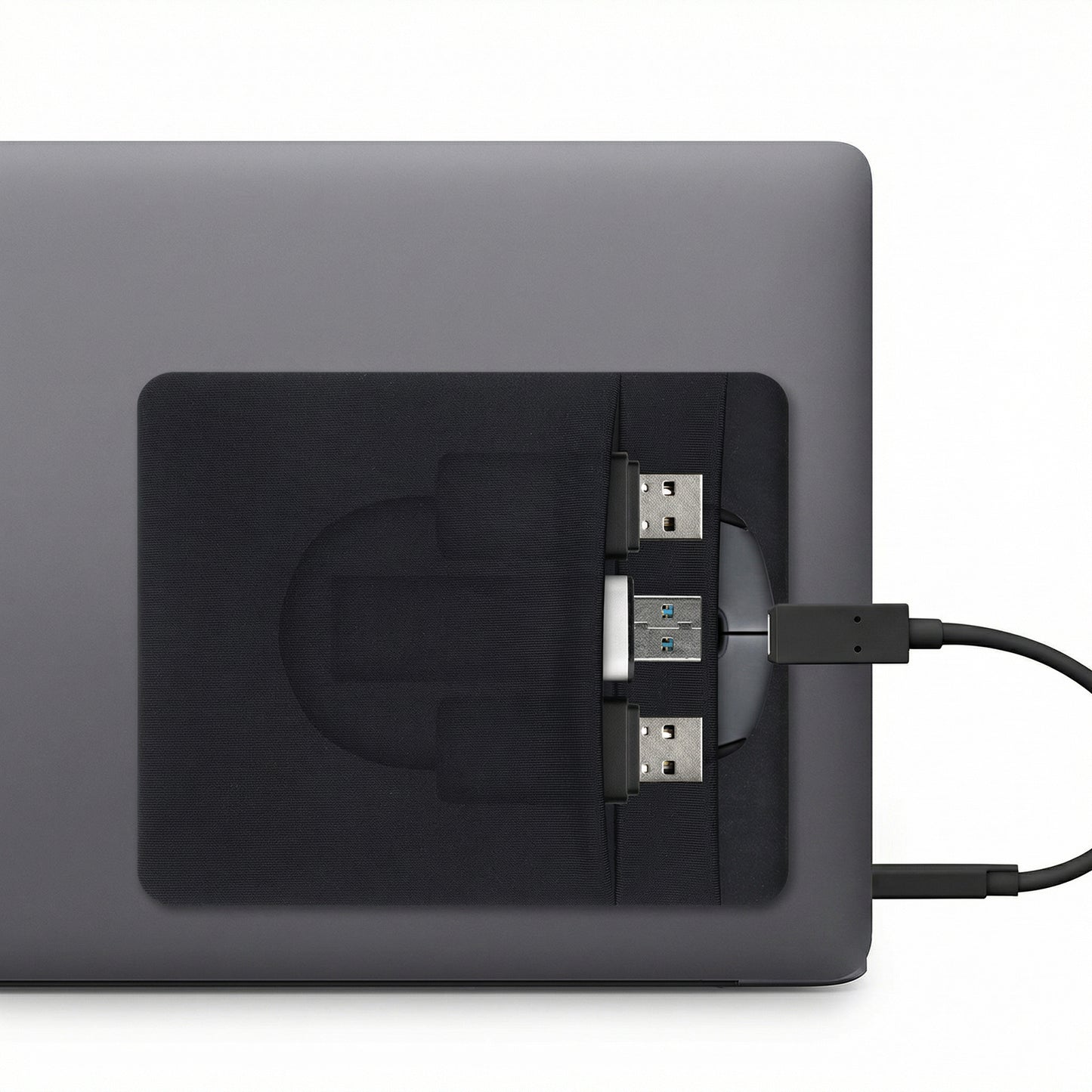 Adhesive 2-Pocket Laptop Pouch, Compatible with 2.5" HDD, SSD, Magic Mouse, USB Cable, Black, Durable Lycra Fabric