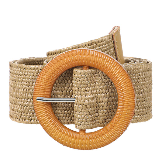 Ziuohaa Straw Woven boho belts for women - Stretchy thick belts for women With Round Buckle - braided wide belt For Dresses