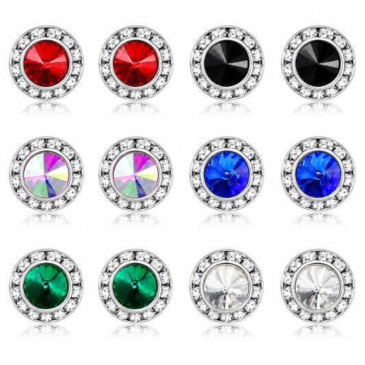 6 Pairs Dance Competition Earrings 15mm Rhinestone Earrings for Women - 6 Colors Sparkling Stainless Steel Studs for Dance Competitions Stage Opera Party Performance Wedding Bridal Earring Jewelry