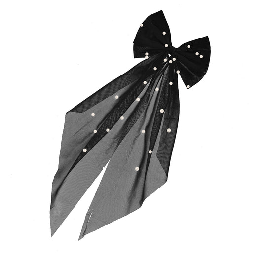 Bridal Hair Bow Veil with Pearl Wedding Veil with Barrette Short Tulle Hair Accessories for Bachelorette Party Bridal Shower(Black)