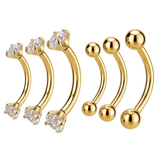 6 Pcs Gold Eyebrow Piercing Jewelry 16G Rook Piercing Jewelry Surgical Steel Gold Eyebrow Rings Vertical Lip Labret Belly Snake Eye Tongue Ring Daith Earring for Men Women Curved Barbells 6mm 8mm 10mm