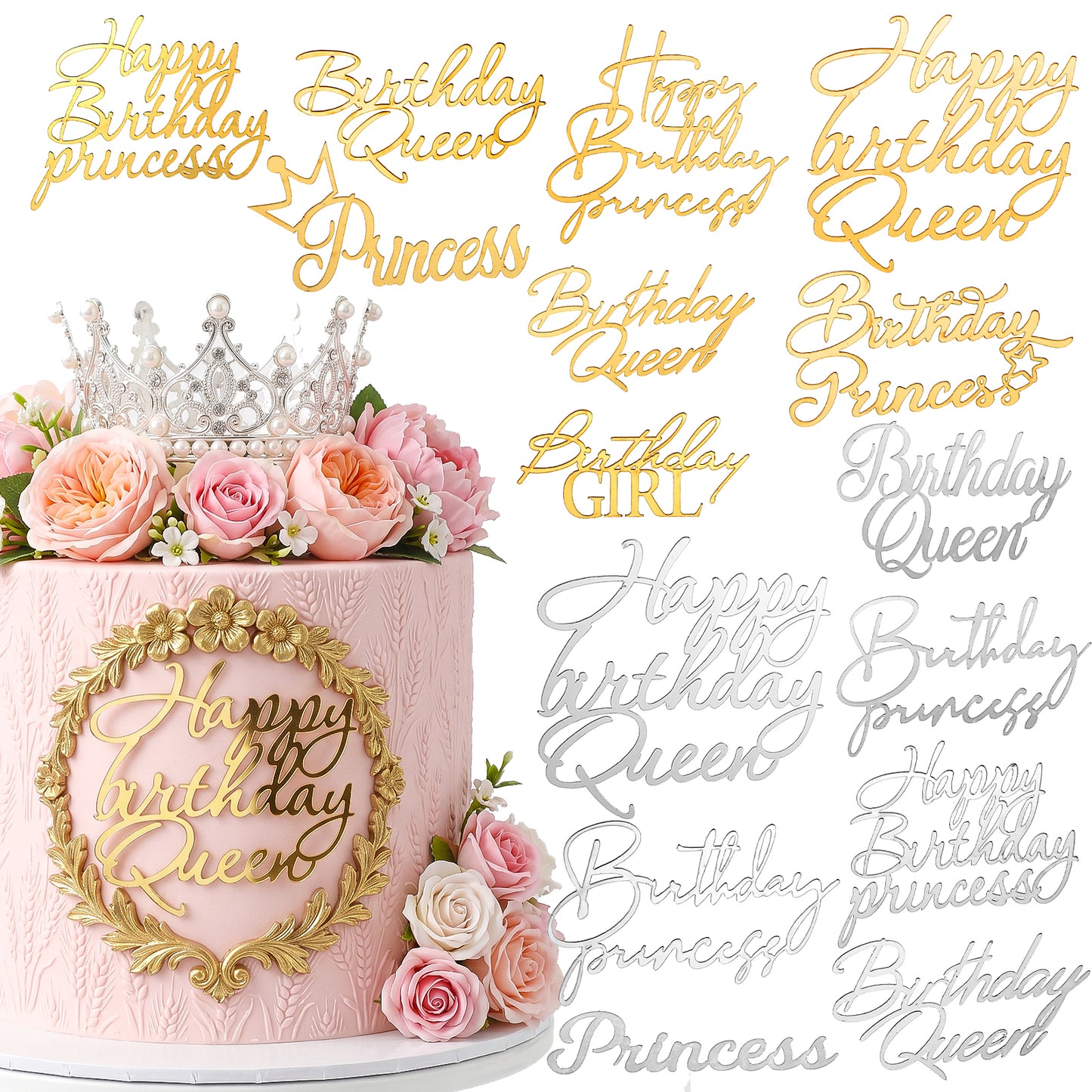 15Pcs Happy Birthday Cake Toppers Acrylic Birthday Queen Cake Topper Princess Cupcake Toppers Acrylic Cupcake Decor Side Decoration Kit(Gold, Silver)