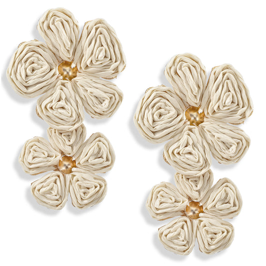 Flower Earrings for Women, Vintage Floral Raffia Earrings, Boho Statement Drop Hanging Earring Dangling Trendy Cute Summer Beach Vacation Jewelry for Women