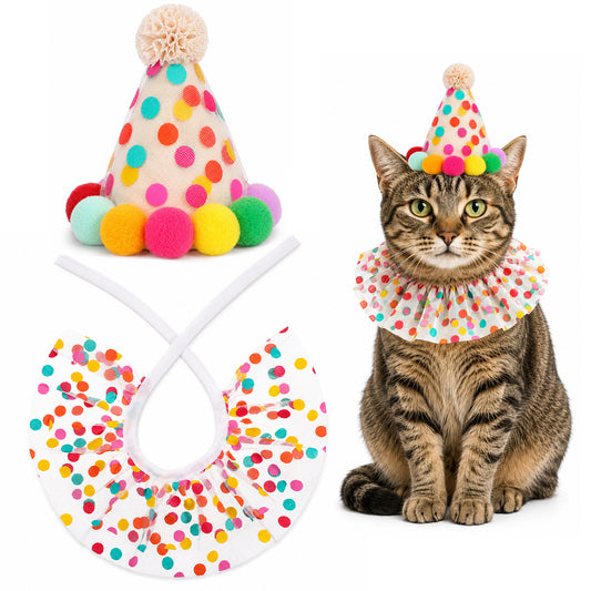 Cat Birthday Outfit Set – Cat & Dog Party Hat + Lace Scarf Bib, Cute Puppy & Kitty Costume for Small Medium Dogs Cats, Pet Birthday Decoration Supplies Gift