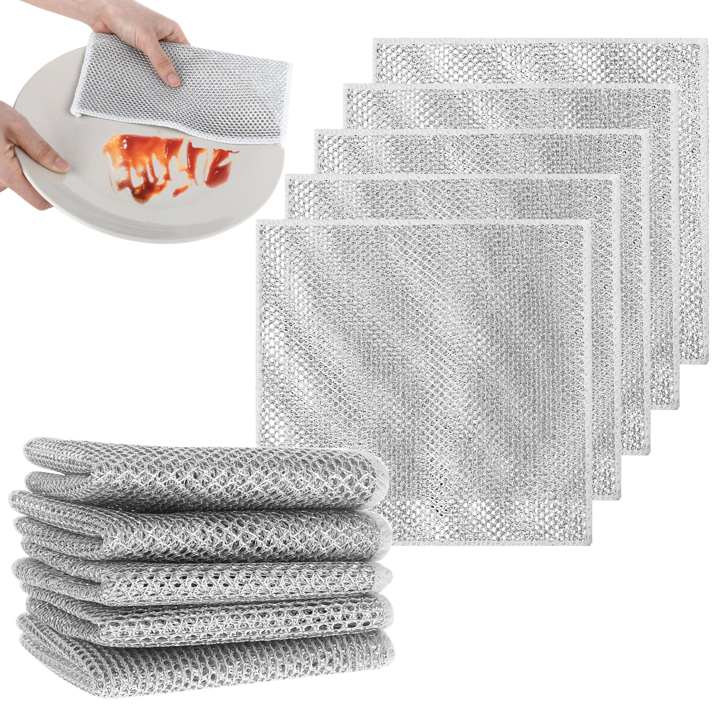 Tucnoeu 5pcs Double Non Scratch Wire Dishcloth,Multipurpose Wire Cleaning Cloths,Resuable Kitchen Microfibre Cleaning Cloth for Kitchen Dish Sink Stove Top