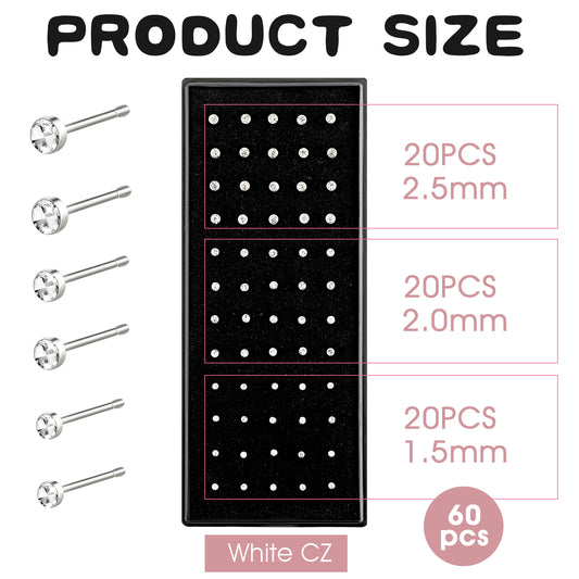 60 Pcs Stainless Steel Nose Studs Straight Shaped Small Nose Studs Set Body Piercing Jewelry With Packaging for Women Men Gift 1.5/2/2.5Mm