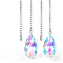 Neyauo 2Pcs Rainbow Crystal Ceiling Fan Pull Chains, 2" Glass Water Drop Pendants with 20" Stainless Steel Chain Extender, Decorative Pull Chain for Fan Light Switch Bathroom Toilet
