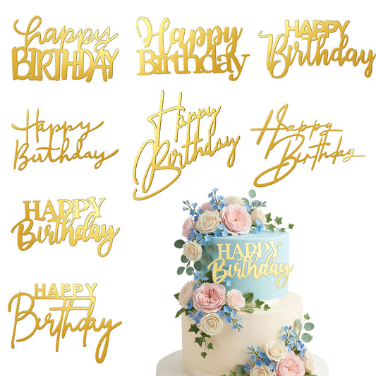 8 Styles Gold Happy Birthday Cake Topper, Side Mirror Acrylic Cake Topper Gold Cupcake Toppers for Cakes Decoration Party Supplies