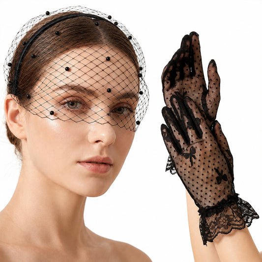 Birdcage Veil Black Lace Face Veil Headband and Black Lace Gloves for Women