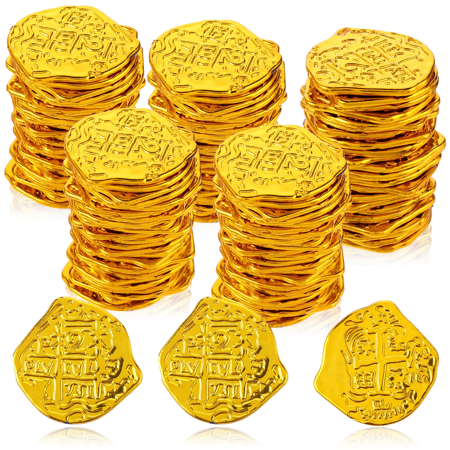 Lusofie 100pcs Gold Coins Pirate Treasure Plastic Coins Replica Spanish Doubloons for Pirate Party Decorations Halloween Adventure Themed Event