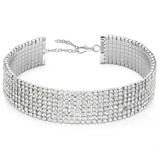 Neyauo 8 Row Rhinestone Tennis Necklace, Silver Plated Adjustable Cubic Zircon Choker, Women Dainty Heart Jewelry