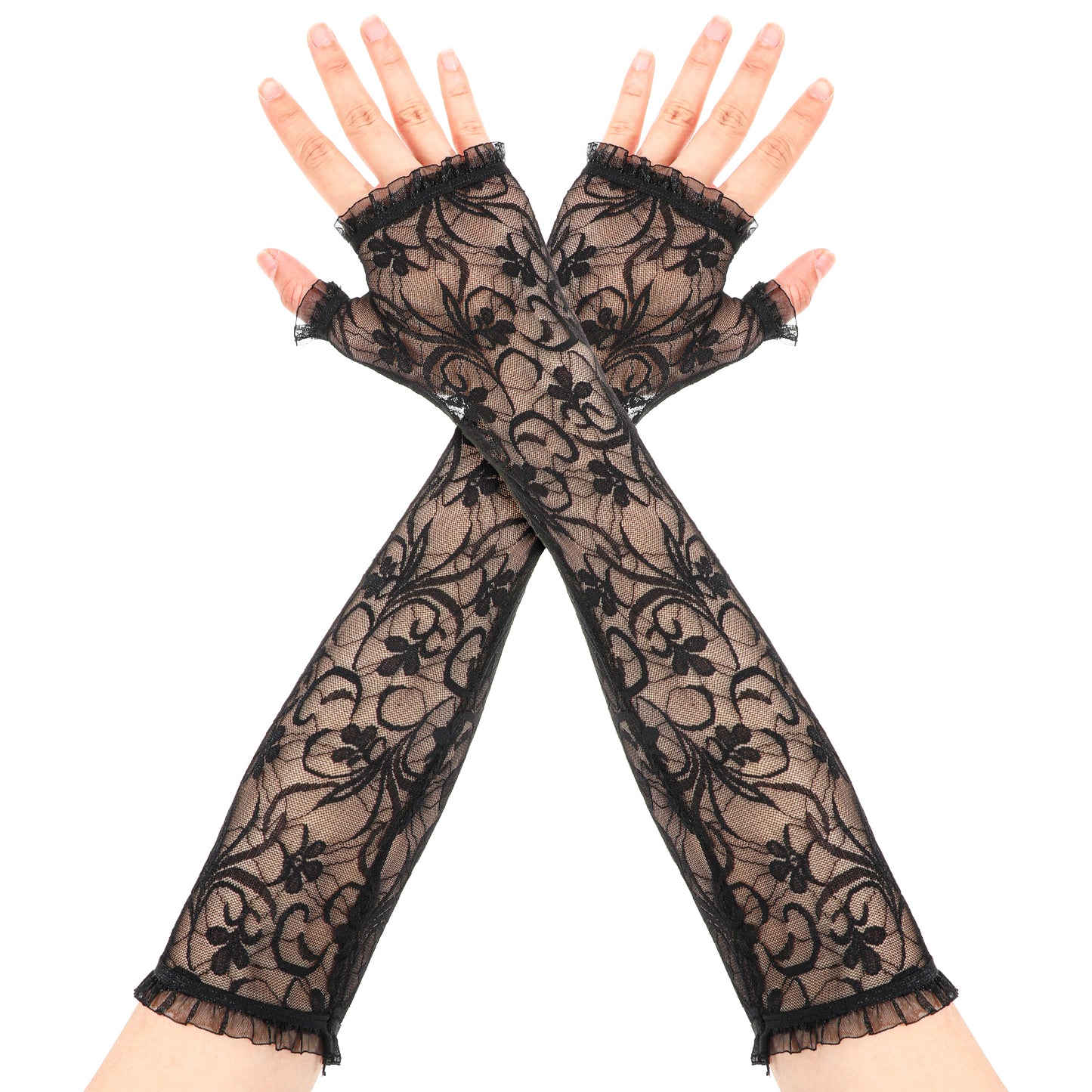Neyauo Lace Opera Tea Party Gloves For Women, 19 Inch Elegant Floral Bridal Wedding Prom Long Gloves, Black One Size