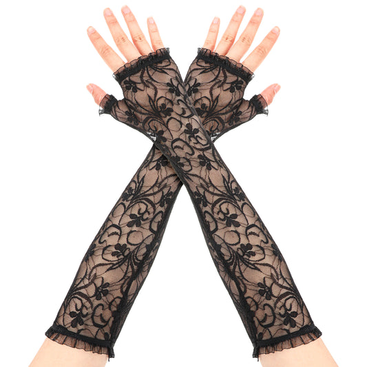 Neyauo Lace Opera Tea Party Gloves For Women, 19 Inch Elegant Floral Bridal Wedding Prom Long Gloves, Black One Size