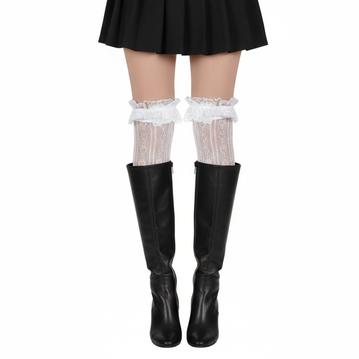Lace Knee High Socks, Thigh High Stocking with Lace Trim, White Laces Socks Women, Sweetheart Knit Knee Highs With Laces Ruffle Cuff, Mesh Sexy White Thigh Highs Sock with Faux Pearls for Women Girl