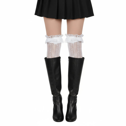 Lace Knee High Socks, Thigh High Stocking with Lace Trim, White Laces Socks Women, Sweetheart Knit Knee Highs With Laces Ruffle Cuff, Mesh Sexy White Thigh Highs Sock with Faux Pearls for Women Girl
