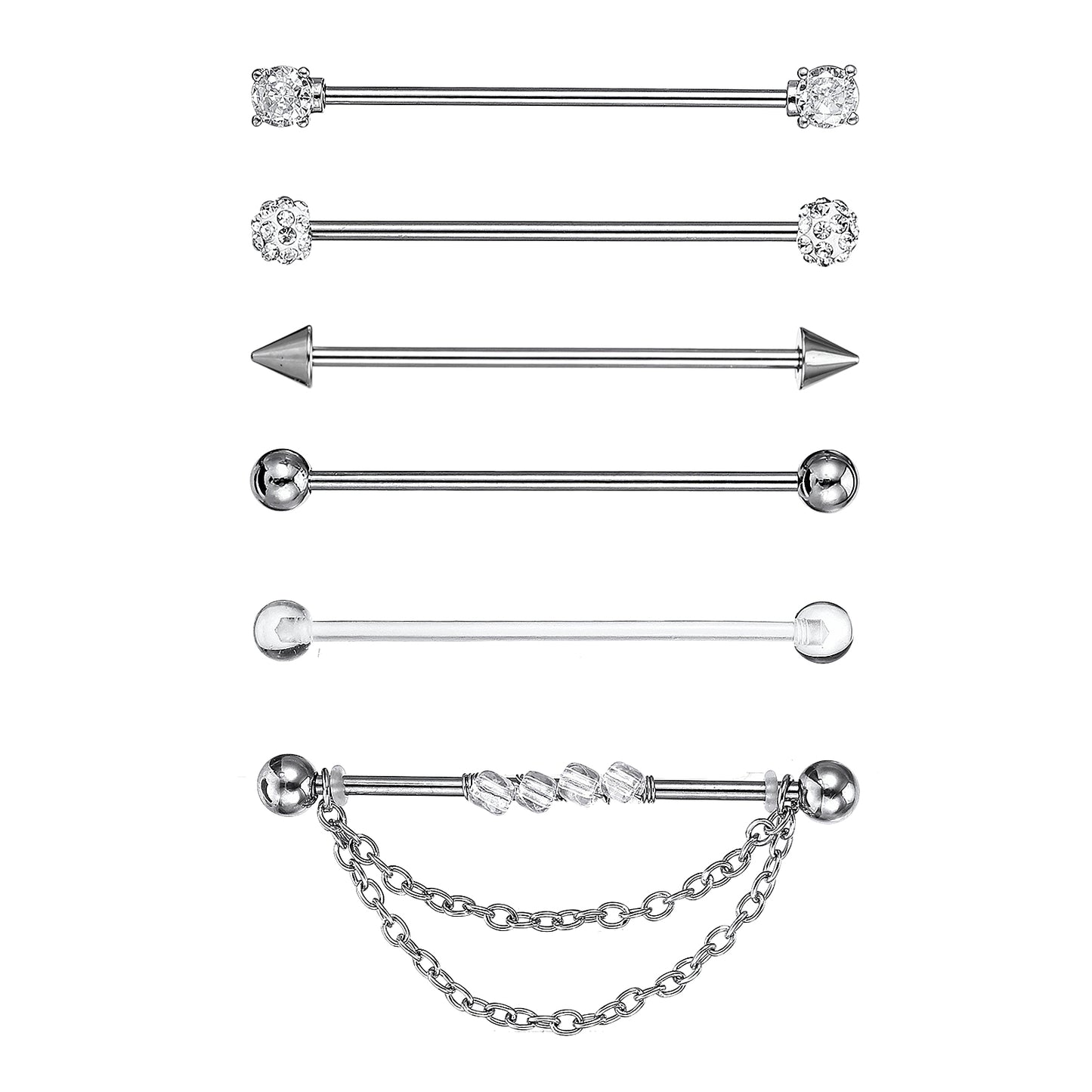 6pcs Industrial Piercing Jewelry, Surgical Steel Industrial Barbell Earrings, Cartilage Helix Piercing Earrings, Pink, Silver