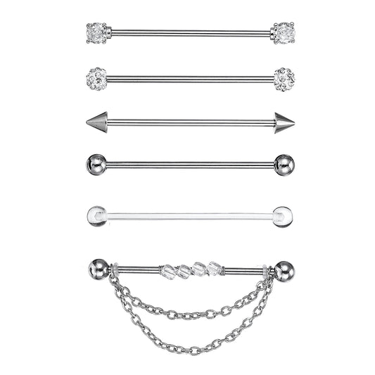 6pcs Industrial Piercing Jewelry, Surgical Steel Industrial Barbell Earrings, Cartilage Helix Piercing Earrings, Pink, Silver