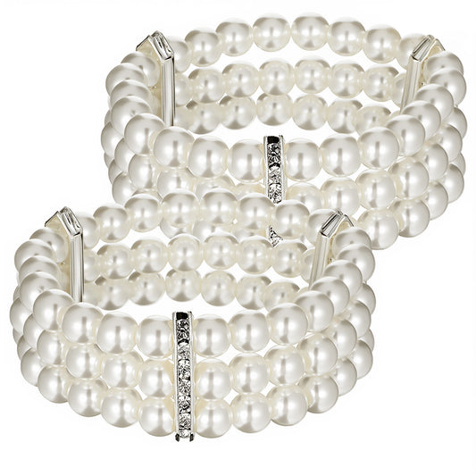 Gemoioio 2 Pack 1920s Flapper Imitation Pearl Bracelet - 3 Rows Multi-Layer Stretch Elastic Bangle for Women, Great Gatsby Roaring 20s Accessories, Bridal Wedding Costume Jewelry Set