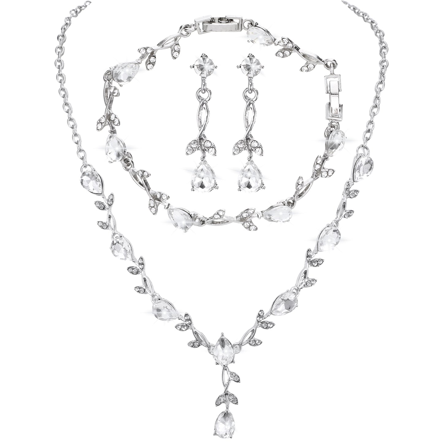 Elegant Floral Wedding Jewelry Sets for Brides, Sparkling Cubic Zirconia Wedding Necklace Earrings Bracelet Set, Silver Leaf Vine Pendant Bridesmaid Jewelrys Set for Weddings Party Brides Bridesmaid