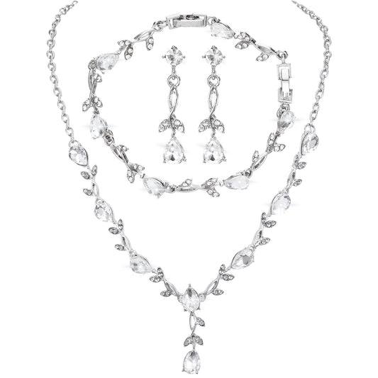 Elegant Floral Wedding Jewelry Sets for Brides, Sparkling Cubic Zirconia Wedding Necklace Earrings Bracelet Set, Silver Leaf Vine Pendant Bridesmaid Jewelrys Set for Weddings Party Brides Bridesmaid