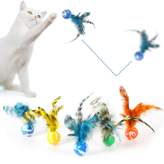 HaiFafafaing 5Pcs Feather Cat Toys- Rubber Fuzz Ball Set for Indoor Cat Interactive Exercise & Hunting Play, Bouncy Balls for Active Kittens and Adult Cats