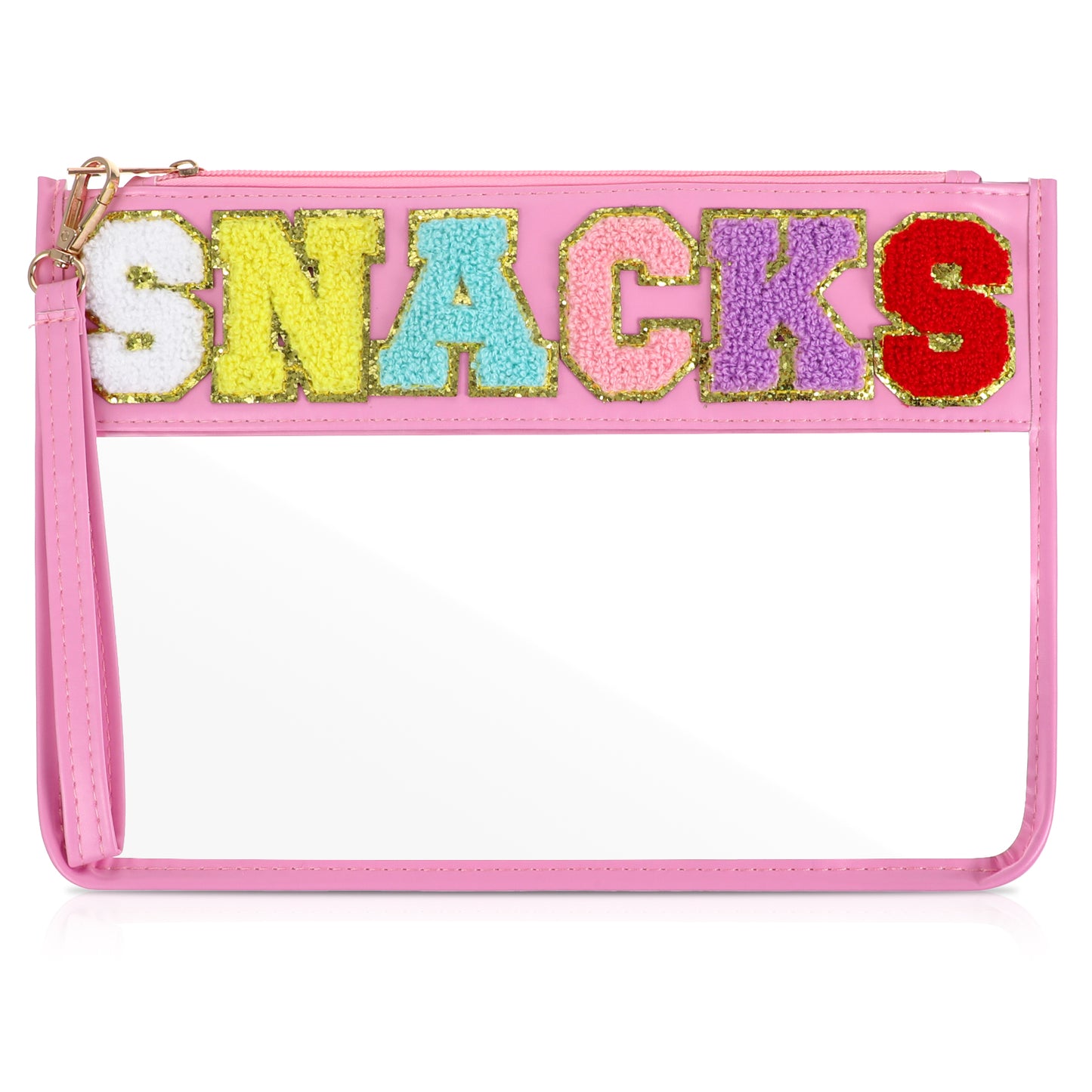 Chenille Letter Bag Clear Makeup Organizer Bag Water-Proof Travel Snack Pouch with Glitter Patch Letters Nylon Zipper Pouch for Travel Gym Beach(Pink)