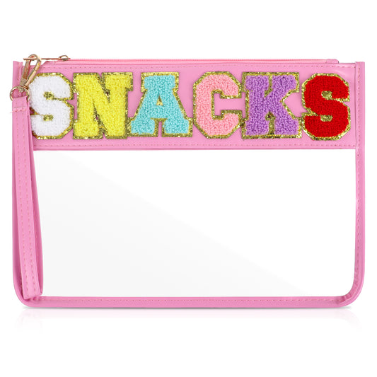 Chenille Letter Bag Clear Makeup Organizer Bag Water-Proof Travel Snack Pouch with Glitter Patch Letters Nylon Zipper Pouch for Travel Gym Beach(Pink)