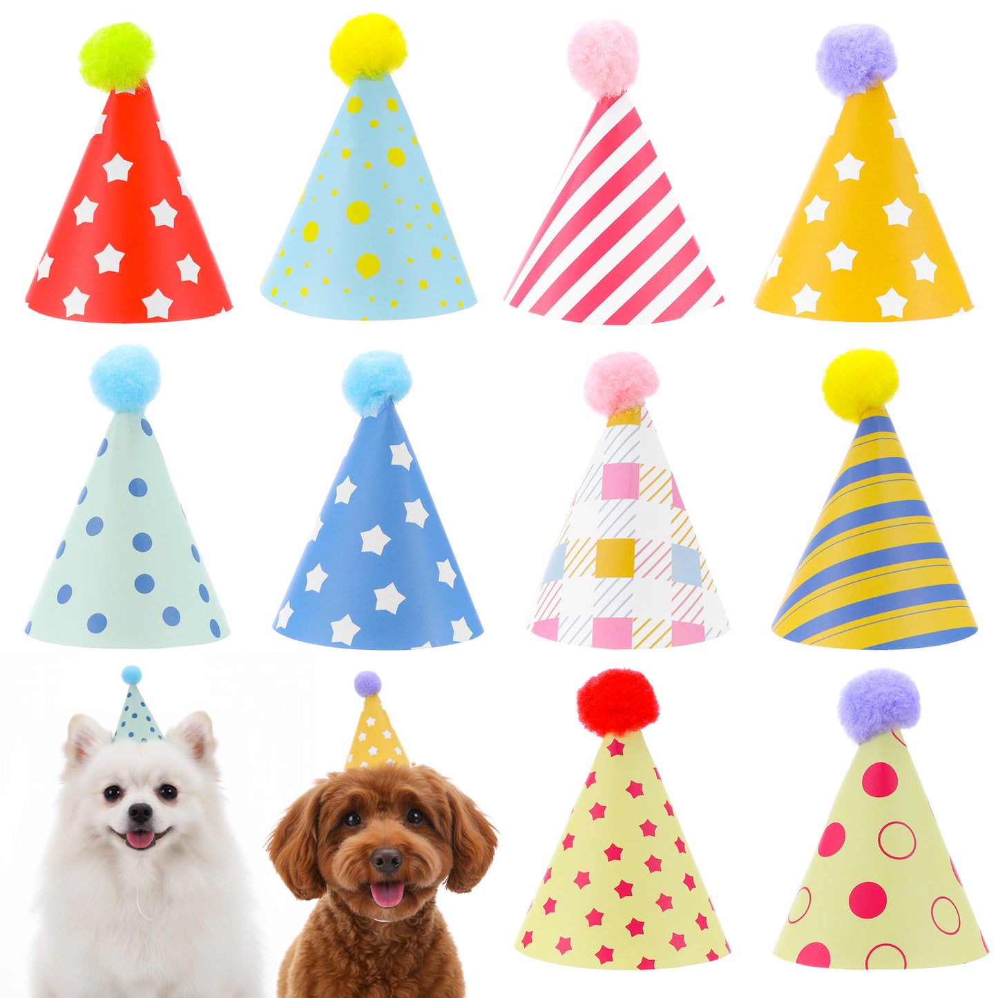 10pcs Colorful Mini Party Hats, Cute Dog Party Hats with Pom Poms for Kittens Rabbits Dogs and Stuffed Animals, Adjustable Cone Hat for Birthdays and Celebrations