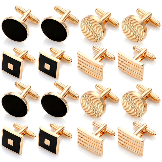 8 Pairs Cufflinks for Men - Classic Cuff Links, Round Square Rectangle Design Cuff Links for Business Wedding Party (Gold, Black)