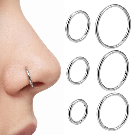 HekouJiub Titanium Nose Ring Hoops Set, 7 Pcs Hoop Nose Rings for Women Men 18G Septum Rings, Silver Cartilage Hoop Earrings Tragus Conch Daith Lip Nostril Helix Piercing Jewelry, 6mm-13mm