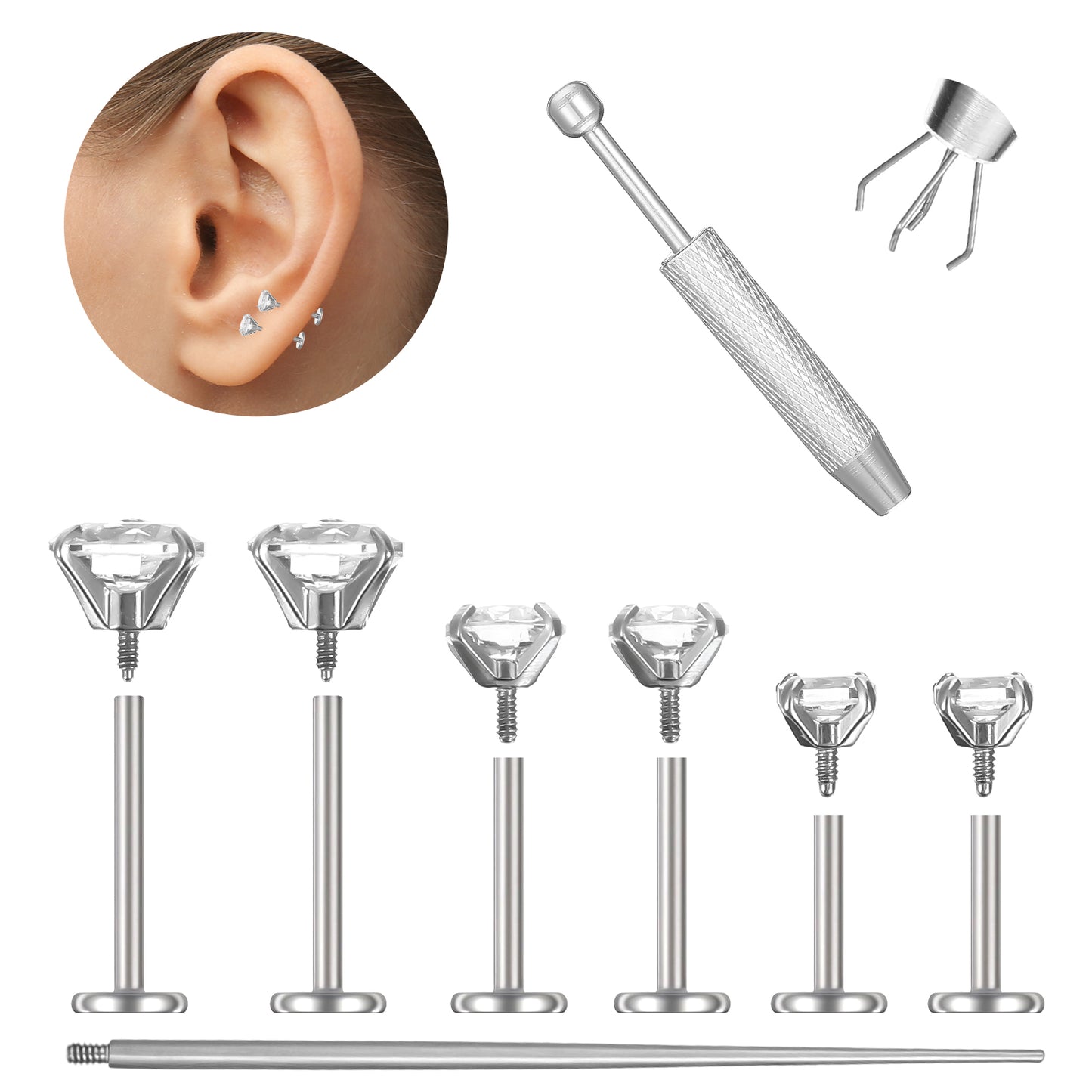 Josojoou 6PCS threadless flat back earrings, Anti-sensitive tragus piercing jewelry, cartilage earring Comes with Piercing Ball Grabbing Tool (20G/18G/16G)