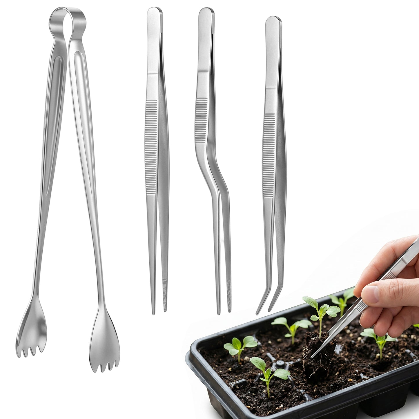 4 Pcs Seedling Transplant Tongs Set- Straight & Curved-tip Plant Tweezers, Stainless Steel Seed Starter Seedling Transplanting Pliers Gardening Planting Tool Stuffer Supplies, Reduce Root Damage