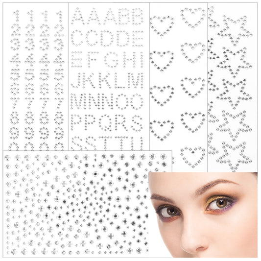 Self Adhesive Rhinestones Stickers 5 Sheet Face Gems Letters Numbers Love Star Circle Glitters Jewels Bling Diamond Stickers, Glitter Jewelry for Makeup Nail Art Halloween Crafts Decoration DIY