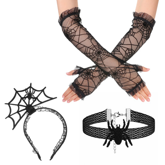 Fosaseua 3PCS Halloween Spider Costume, Spider Web Headband Necklace Gloves