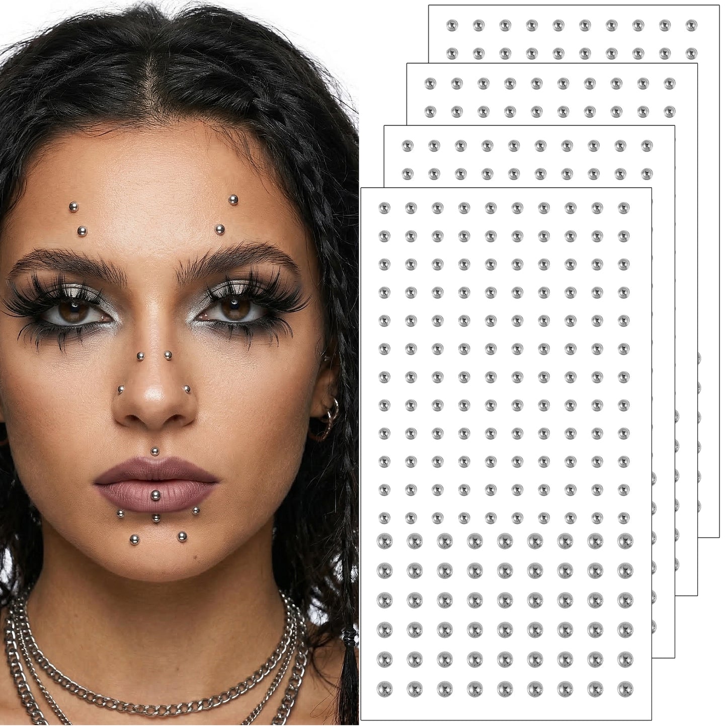 Neyauo 720 Pcs Fake Piercings Set - Stick On Nose Ring, Lip Stud, Eyebrow & Septum Jewelry, Non-Piercing Adhesive Face Gems for Women Men, Y2K Punk Rave Festival Halloween Makeup Accessories (Silver)