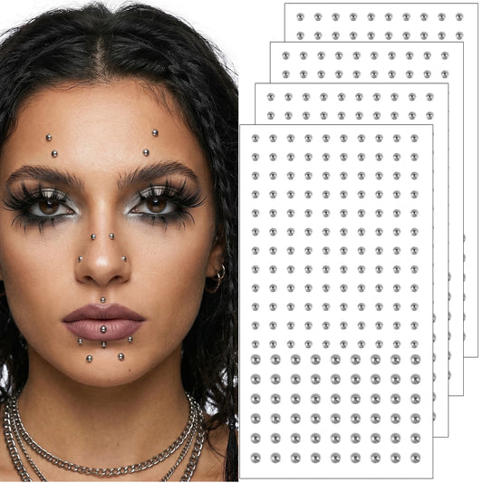 Neyauo 720 Pcs Fake Piercings Set - Stick On Nose Ring, Lip Stud, Eyebrow & Septum Jewelry, Non-Piercing Adhesive Face Gems for Women Men, Y2K Punk Rave Festival Halloween Makeup Accessories (Silver)