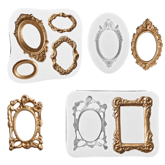 Photo Frame Fondant Molds Baroque Style Picture Frames Silicone Mold Frame Fondant Mold Silicone Fondant Molds for Cake Decorating Cupcake Topper Sugar Gum Paste Chocolate Candy Polymer Clay (Gray)