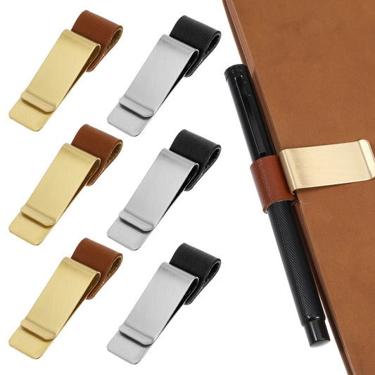 Tucnoeu 6pcs Pen Loop for Notebook,Retro PU Leather Pen Clips,Stainless Steel Pen Holder for Journal Notebook Calendar Office