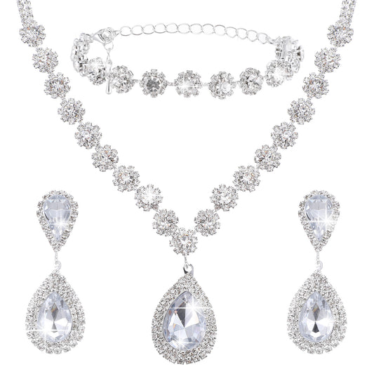Neyauo Bridal Jewelry Set for Wedding, Rhinestone Necklace Earrings Bracelet Sets, Silver Crystal Wedding Jewelry for Bride Bridesmaids Prom Costume Accessories