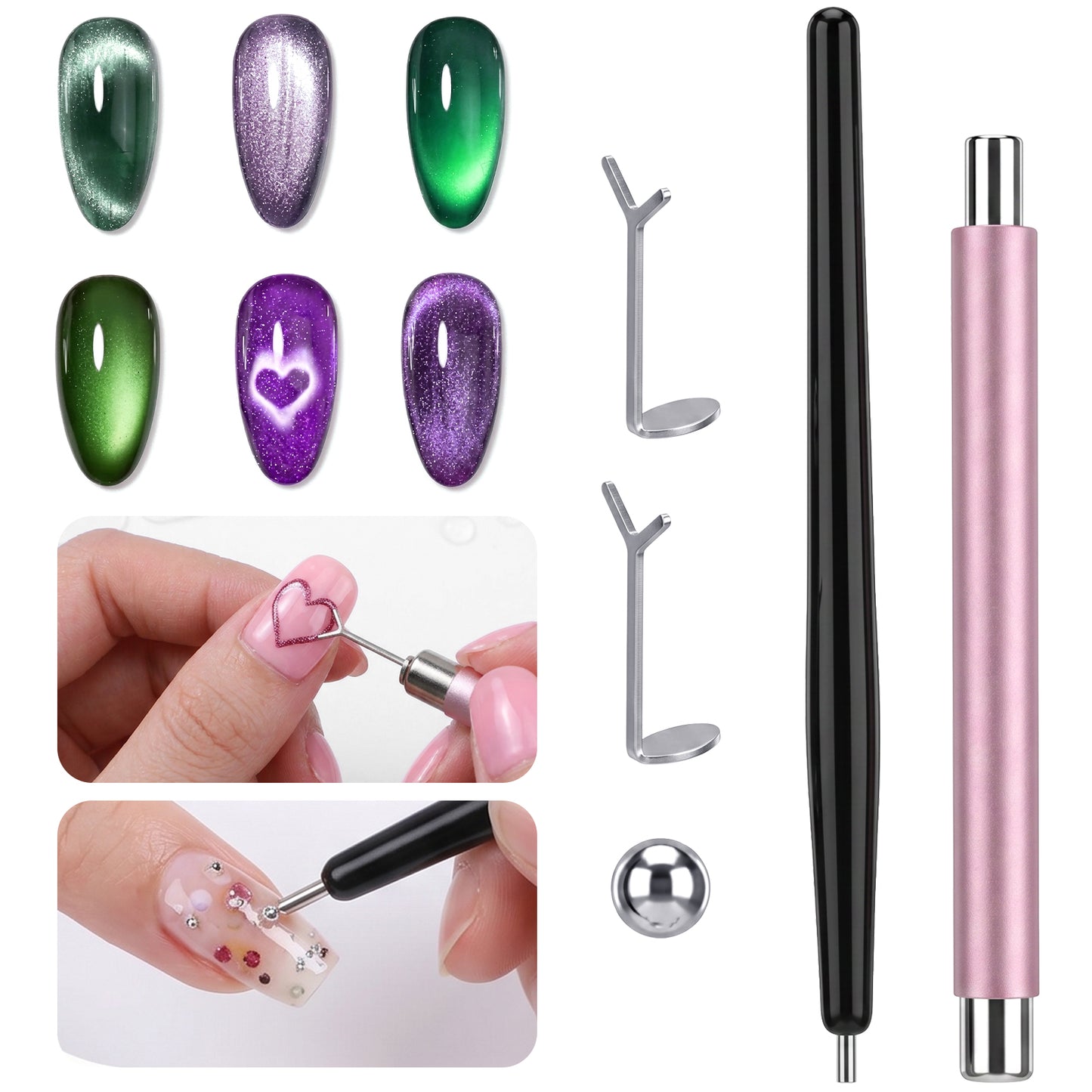 5 Pcs Cat Eye Magnet Kit for Nails, Dual-Ended Pink Nail with Round Magnetic Bead, 2 Heart Magnets, Black Nail Magnet Pen, for Cat Eye Gel Polish, DIY Nails Art