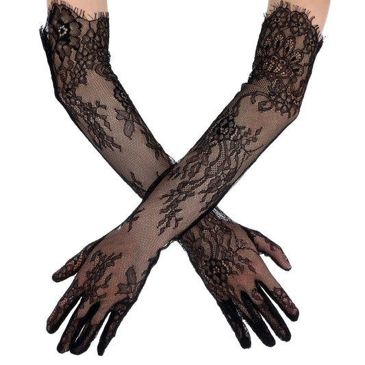HaiFafafaing Lace Gloves Women Long Floral Mesh Tulle Sheer Opera Gloves Tea Party Elbow Length Wedding Bridal Party Cosplay(Black)