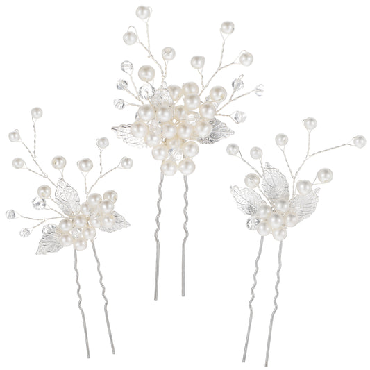 Yolev 3 Pieces Silver Flower Bride Hair Pins Bride Pearl Hair Piece Bobby Pin Headpiece Wedding Hair Accessories for Brides and Bridesmaids