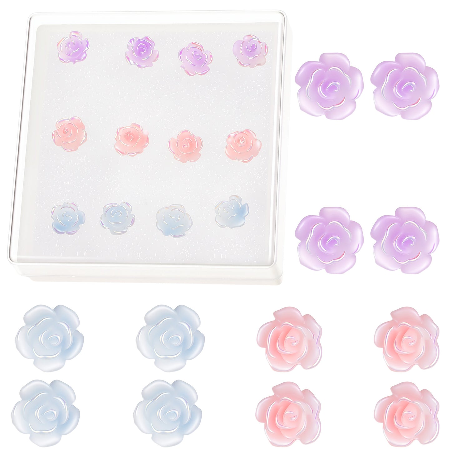 6 Pairs Plastic Post Earrings for Sensitive Ears – 3D Clear Rose Studs, Fully Plastic Lightweight Earrings for Women, Unique Elegant Comfortable Everyday Wear