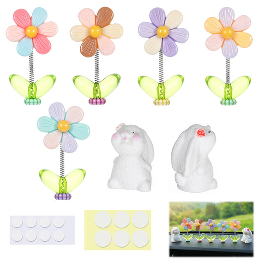 HekouJiub 7 Pcs Car Ornament, Flower Rabbit Dashboard Accessories, Resin Car Dashboard Decorations, Cute Dash Board Decor for Cars Home Offices