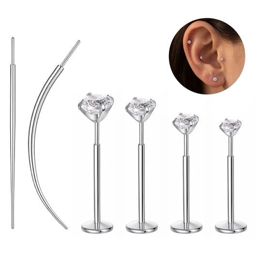 6pcs flat back earrings Stud set 4 Flat Back Studs with 2 Guide Pin Silver Stainless Steel Nose Studs Flats Backs Conch Helix Piercing Jewellery for Earlobe Auricle Ear Cartilage Lips Women Men(6/8mm)
