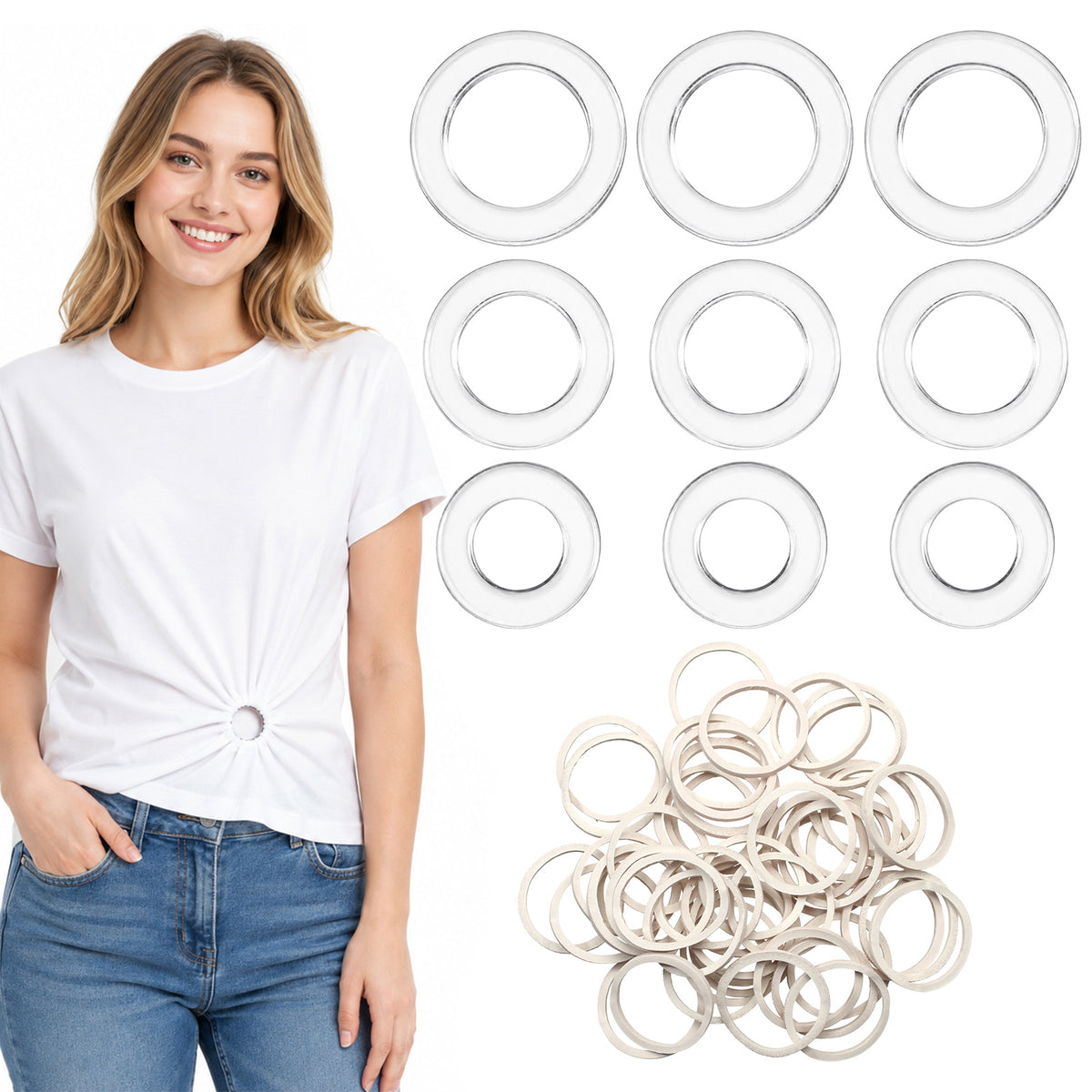 59 Pcs Invisible Clothing Cinch Clips, 9 Rings (3 Sizes) & 50 Rubber Bands