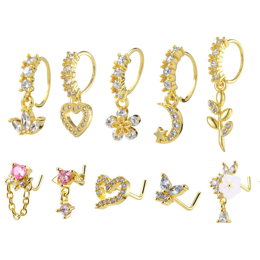 HekouJiub 20G Dangle Nose Ring Hoops 10Pcs Dangling Nose Piercing Jewelry Set L Shaped Dangling Nose Stud CZ Heart Flower Butterfly Piercing Jewelry for Women